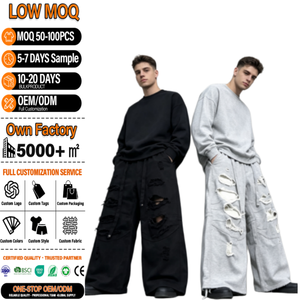 Pantalones Deportivos Grises y Negros con Bordado, Bolsillos Dobles, Estilo Holgado, de Felpa Francesa, Corte Recto - Product Image 1