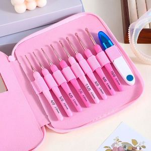 New Pink 9pcs/set DIY Yarn Knit Ting Needle Craft Tools Accessory Soft Rubber Handle Aluminum <b>Crochets</b> <b>Hooks</b> - Product Image 3