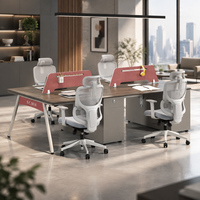 Poste de travail modulaire moderne avec armoire à tiroirs et cloison, bureau pour 4 personnes, chaise de bureau ergonomique en maille assortie