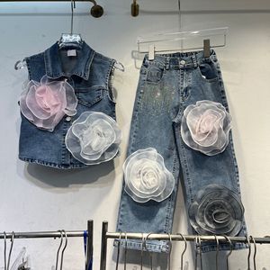 Ensemble tailleur-pantalon en <span class=keywords><strong>jean</strong></span> pour femme, nouvelle collection 2026, élégant, décontracté, <span class=keywords><strong>avec</strong></span> fleurs 3D et détails raffinés - Product Image 1