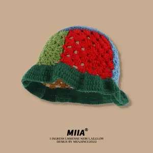 Colorful Knitted Bucket Hats Floral Crochet Bucket Hats Hand Made Cloche Cap Knitting Cap Beanies