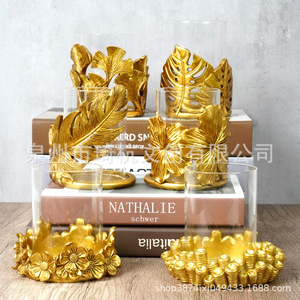 Gold Resin <b>Candle</b> Holder <b>Set</b> Tropical Leaf Design Home Decoration For Living Room Craft Ornament With Glass Jar - Product Image 1