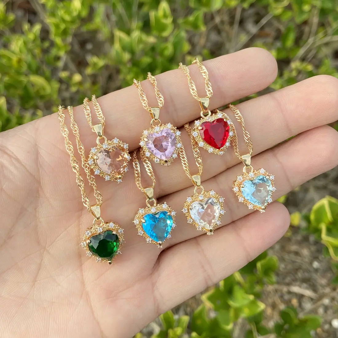 Multi Color Love Heart Shaped Gemstone Pendant Necklaces Bling Iced Out CZ Red Green Blue Zircon Heart Necklace