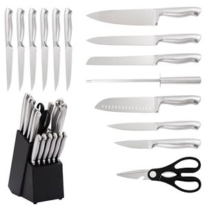 Ensemble de 15 couteaux de cuisine en acier inoxydable avec manche en acier, haute dureté, avec bloc de rangement en plastique noir – Vente en gros - Product Image 1