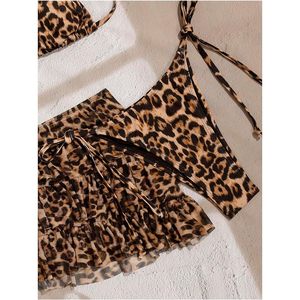 FOXA Women's 3 Piece Leopard <b>Bikini</b> <b>Set</b> Halter <b>Triangle</b> Tie Side With Cover Up Skirt Stretch Spandex Polyester - Product Image 5