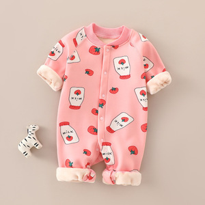 Ropa de bebé con forro polar, gruesa, rosa, con estampado de fresas, unisex, para otoño e invierno, ropa cálida para recién nacidos, trajes para gatear. - Product Image 2