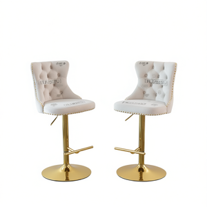 Sillas de Bar Modernas de Terciopelo DB A&A Furniture, Giratorias Doradas, Altura Ajustable de 25-33 Pulgadas, Estilo Rústico - Product Image 1