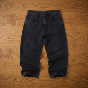 Jean en denim noir vintage tissé mi-lourd à jambe large pour homme, taille haute, délavé, coupe ample, printemps automne, streetwear - Product Image 2