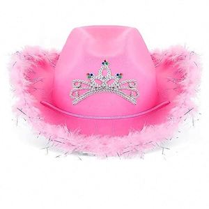 Nouveaux chapeaux de cowgirl roses de style occidental unisexes, chapeau Fedora à bord roulé avec bordure en plumes pour festival, fête, pêche, au design féminin - Product Image 4