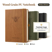 Carnet de notes A5 en cuir végétalien grain de bois PU avec logo personnalisé, reliure cousue, 100 feuilles, couverture rigide et bande élastique, vente en gros