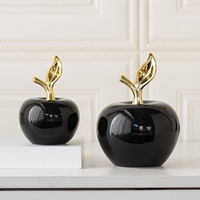 Ornement en céramique de luxe écologique moderne noir/blanc brillant en forme de pomme avec branches dorées, logo personnalisé (vendu en décoration)