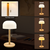 Lampe de table rechargeable en bambou, 3 températures de couleur, LED, lampe de bureau champignon, interrupteur à cordon, USB Type-C, abat-jour en PE, lampe de chambre