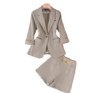 Women's Houndstooth Suit Set Three Quarter Sleeve Spring Casual Anti-Wrinkle Polyester Fabric Two Piece Pants And Shorts - Product Image 5