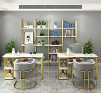 Jiuyi Respectueux de l'environnement Marbre Bureau Solide Couleur Fer Jambe Rack Double Couche Simple Nail Art Table et Chaise Ensemble