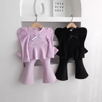 Ensemble deux pièces pour bébé fille, violet uni, style coréen, haut à manches bouffantes et pantalon évasé pour enfants