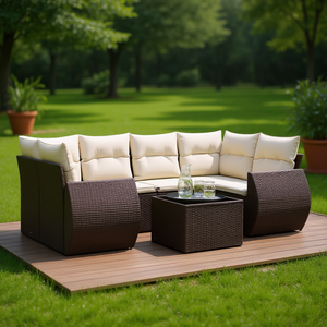 Modular Brown PE <b>Rattan</b> Garden <b>Sofa</b> Set 7 Piece Outdoor Furniture Contemporary Design - Product Image 2