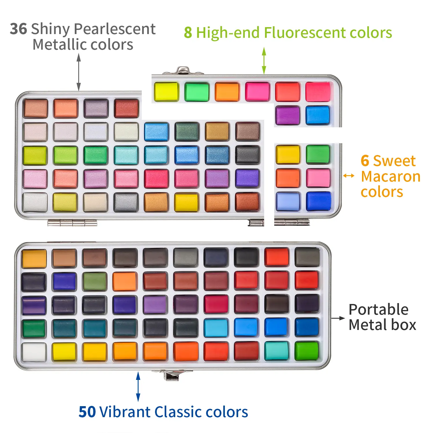 Набор акварельных красок 90 и 100 цветов включает 50 стандартных цветов, 36 металлических цветов и 4 неоновых цвета с одной кистью для воды