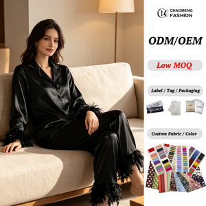 Conjunto de Pijama de Satén para Mujer 2026, Camisa de Manga Larga con Botones y Cuello Solapa, Pantalones Largos, Adorno de Plumas de Avestruz, Ropa de Dormir Holgada de 2 Piezas para Mujer - Product Image 1