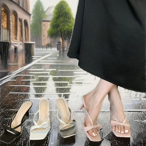 French Summer Peep-Toe Pumps Anti-Slip Waterproof Elegant One-Line High Heels Square Heel PU <b>Insole</b> Sexy Fashion Trend - Product Image 2