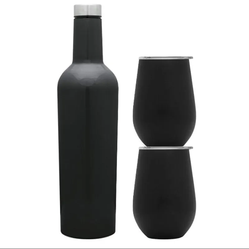 Garrafa de vinho isolada subolmação em branco, copo de vinho em aço inoxidável, conjuntos em caixa de presente