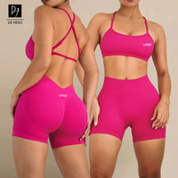Nouvel ensemble de sport sans couture push-up personnalisé pour femme, 2 pièces, avec short froncé à dos en V, idéal pour le yoga et l'entraînement en extérieur