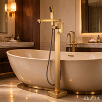 Robinet de baignoire autoportant en laiton massif chromé, mitigeur de bain à poser au sol avec douchette à main à jet doux, multi-certifié, design moderne