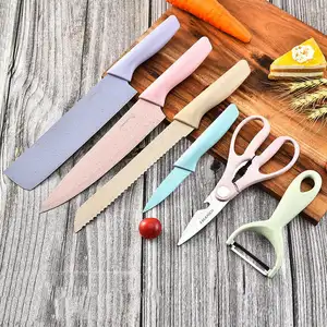 إكسسوارات المطبخ الأكثر مبيعًا في 2024 طقم سكاكين مطبخ مكون من 6 قطع سكين قش القمح مقص مقشرة طقم سكاكين