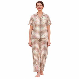 <b>Women</b> Brown Plaid <b>Pajama</b> Set Short Sleeve Button Up Top Matching Long Pants Two <b>Piece</b> Sleepwear Loungewear Nightwear Set - Product Image 1