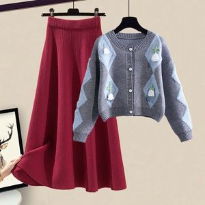 All'ingrosso della fabbrica di grandi dimensioni moda Slim Top Cardigan tinta unita in maglia di colore solido gonna abito due pezzi Set per le donne - Product Image 4