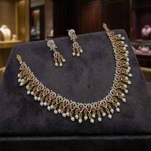 Handcrafted South Indian AD Stone Collar Necklace Set Pearl Bead Droplets <b>Ruby</b> Green Accents Festive Party Wear Jewelry Set - Product Image 2
