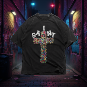 T-shirt Oversize I Saint Bottle Cap Cross Goth Anni '90 Y2K Streetwear con Grafica a Mosaico Colorato per Donna e Uomo - Product Image 3