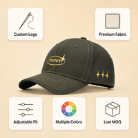 Casquette de baseball 6 panneaux 100 % coton olive foncé avec surpiqûres contrastées, broderie dorée, sangle réglable, tissu respirant et imperméable