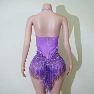 Justaucorps de scène pour femme adulte en spandex violet électrique, orné de strass et de franges, pour danse de salon, idéal pour diva de scène, appliqué à la main - Product Image 5