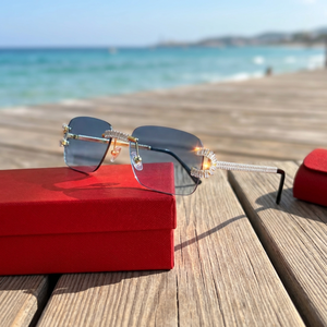 Lunettes de soleil rectangulaires sans monture avec accents en cristal, verres bleus dégradés, style unisexe pour adultes, protection UV, boîte incluse - Product Image 4