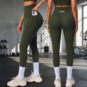 Leggings de sport à séchage rapide avec logo personnalisé, taille haute, poches latérales, extensibles dans 4 directions, en Spandex/Nylon pour femmes - Product Image 3