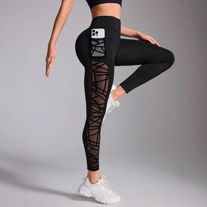 Women's Streetwear High Waist Quick Dry <strong>Leggings</strong> with Mesh Panel and Side Pocket Sleek Geometric Pattern High Stretch Yoga Pants - Product Image 5