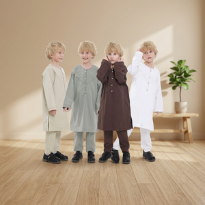 Robe Abaya Kaftan Thobe islamique pour enfants musulmans, garçons, 2 pièces, manches longues, col rond, polyester, antistatique - Product Image 4