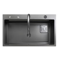 Évier de cuisine moderne intelligent multifonction avec cascade en acier inoxydable à cuvette unique, ensemble d'évier de cuisine à cascade noire avec cascade à effet de pluie