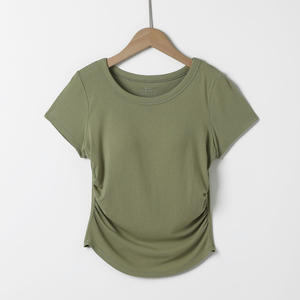 T-shirt RNSHANGER da <span class=keywords><strong>donna</strong></span>, girocollo, <span class=keywords><strong>maniche</strong></span> <span class=keywords><strong>corte</strong></span>, traspirante, estiva, casual, slim fit, con dettagli arricciati sui lati. - Product Image 5