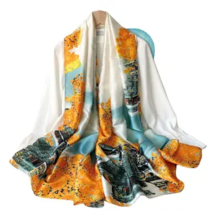 2022 Spring And Summer New Style Satin Long Scarf Decorative Shawl Landscape Printed Headscarf