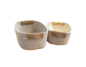 Panier de rangement ovale en corde de coton avec poignées en cuir rustique pour l'organisation de la blanchisserie de la salle de bain des jouets - Product Image 1