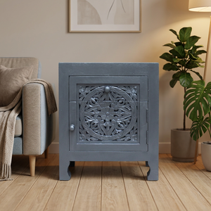 Table de chevet grise artisanale en bois d'acacia massif naturel, style nordique, avec 1 porte et 1 tiroir, pour la maison, l'hôtel, la chambre à coucher - Product Image 1