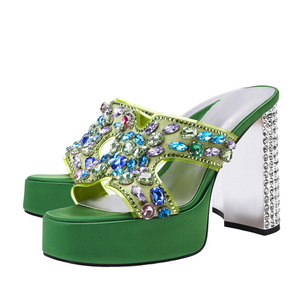 Sandales à talons épais pour femmes, à bout ouvert, avec plateforme, ornées de strass argentés et de diamants colorés, style mules de bureau - Product Image 4