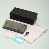 Étui à lunettes presbyopes en cuir gris fait main, style rigide et souple, avec boîte extérieure en papier, carte de test de luminosité, sac d'emballage en tissu OPP