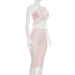 Viviblook C26ST219 Women <b>Set</b> New <b>Sexy</b> Sleeveless Solid Color Hollow Halter Tank Top Tight Cropped Pants Two Piece <b>Set</b> - Product Image 4