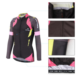 Ensemble de maillot de cyclisme à manches longues pour femme avec logo personnalisé, noir, rose, jaune, fermeture éclair intégrale, pantalon de vélo rembourré pour la pratique et l'entraînement - Product Image 2