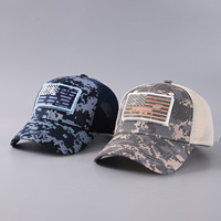 Gorra de malla con logotipo personalizado, camuflaje, bandera estadounidense, transpirable, 6 paneles, visera curva, estructura de béisbol, parche de velcro extraíble, gorra para camping