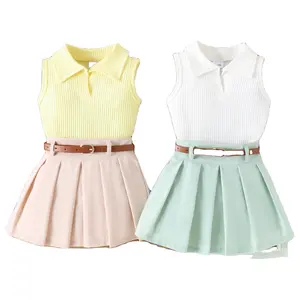2024 Summer Fashion Kid Girl Clothing Sets Sleeveless Knitted Polo Shirt Pleated Skirt 2Pcs Wholesale Children Clothes