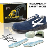 Sepatu Keselamatan Kerja Pria Tiger Master CE S1P, Pelindung Jari Kaki Fiberglass, Anti Tusuk, Anti-statis, Kulit Suede Biru, Sol PU Anti-selip