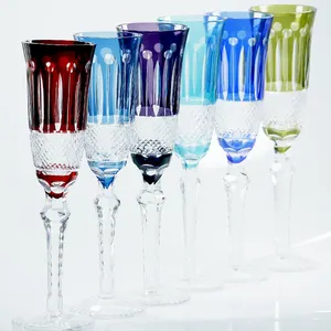 140 ml 6 different Colors Set of colored crystal glass champagne flute hand cut to clear Smokey Blue, Red, Dark blue, Purple